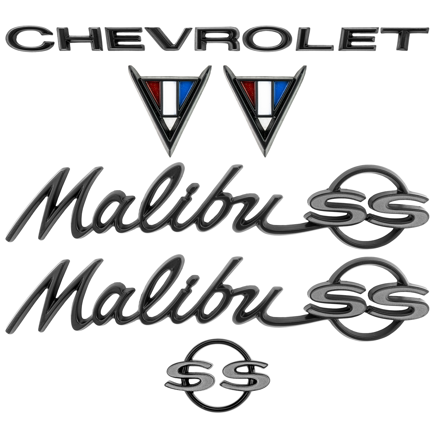 1964-67 Chevrolet Chevelle/Malibu Emblem Kit Black & Gray. Sold as a Set