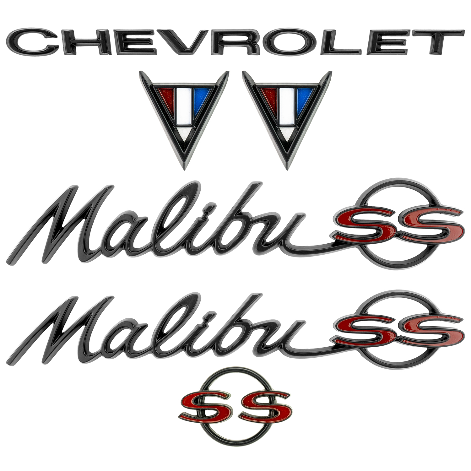 1964-67 Chevrolet Chevelle/Malibu Emblem Kit Black & Red. Sold as a Set