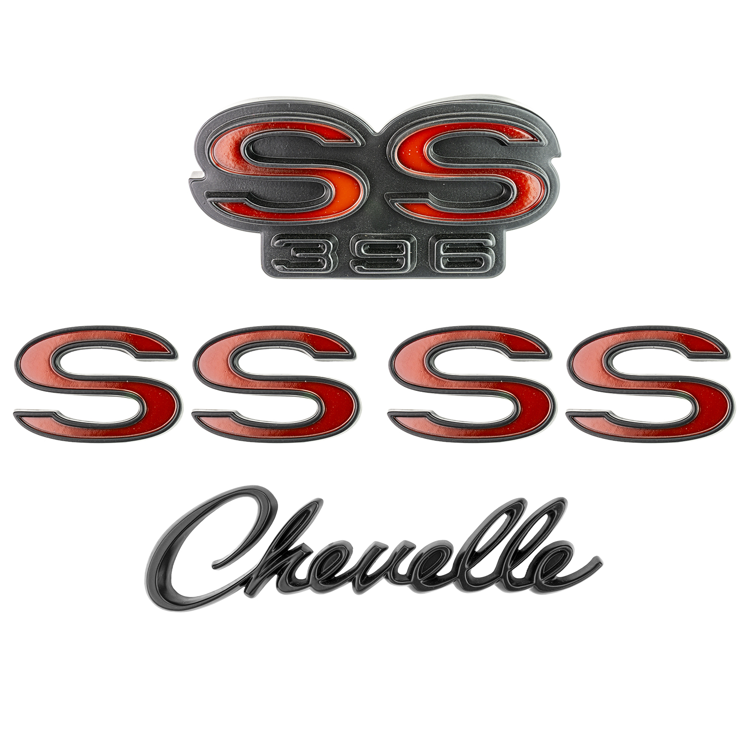 1968-69 Chevrolet Chevelle Emblem Kit Black & Red. Sold as a Set