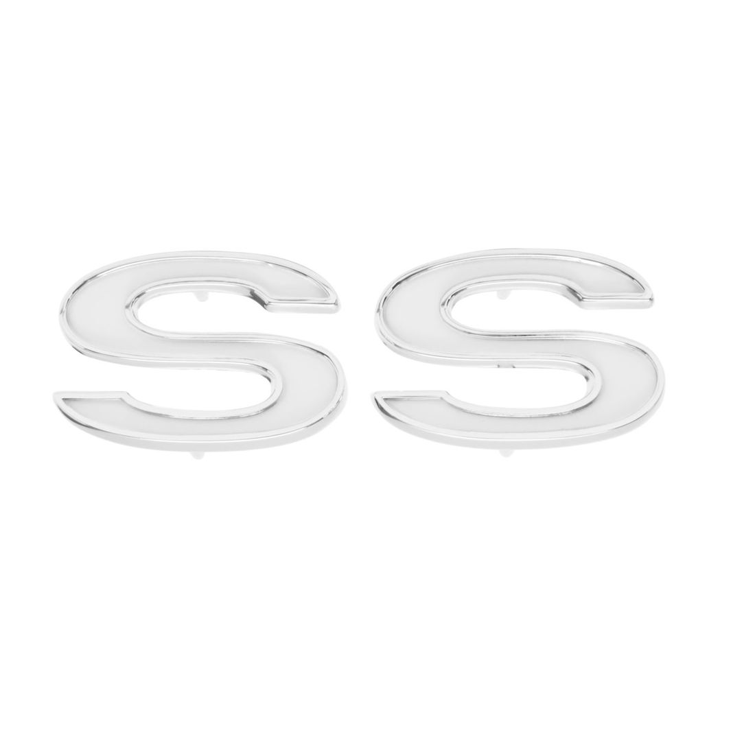 1969 Full-Size Chevrolet Front Fender Emblem, “SS”, White, Sold as a Pair