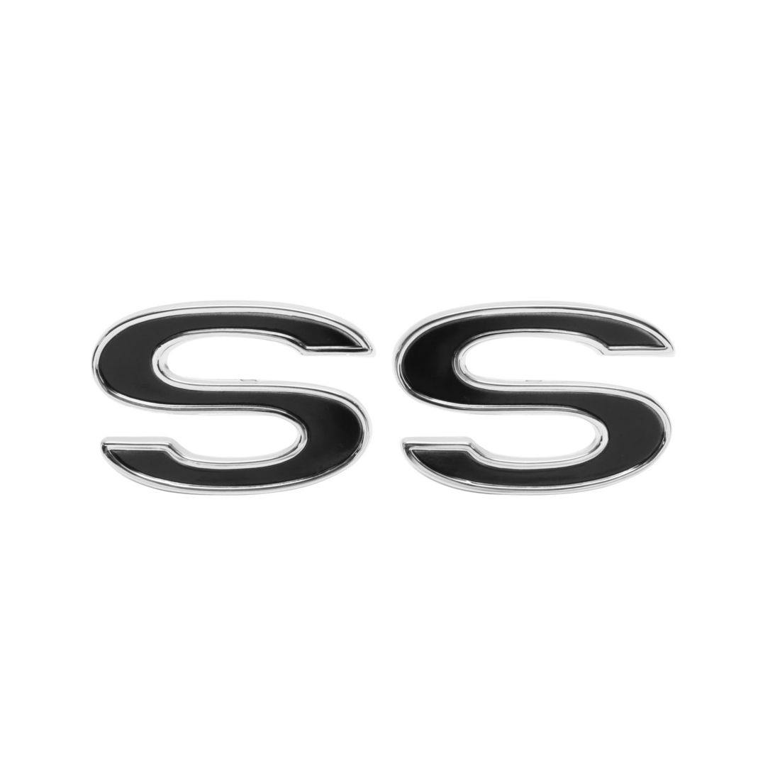 1969 Full-Size Chevrolet Front Fender Emblem, “SS”, Black, Sold as a Pair