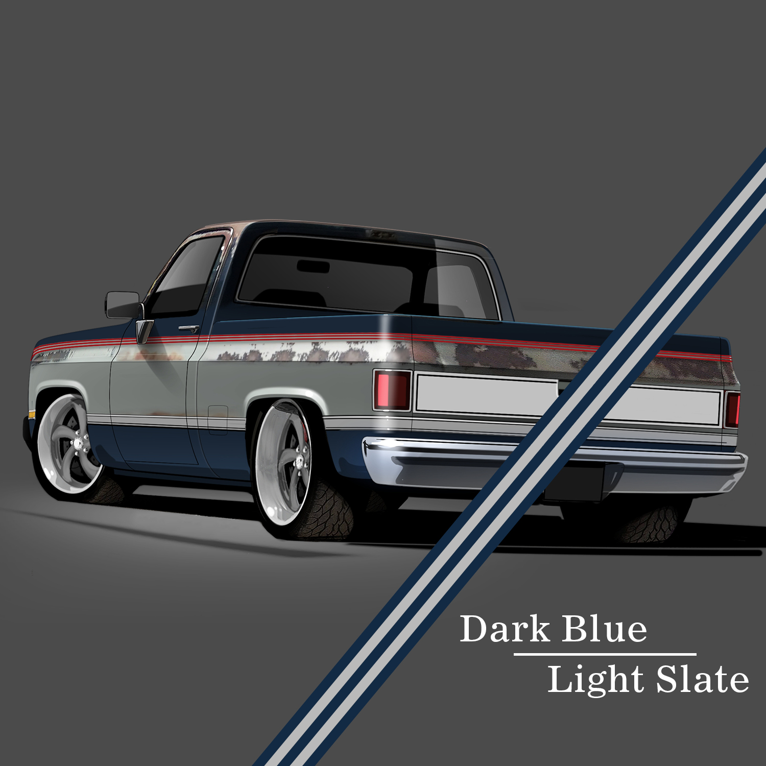 1981-91 GM Full-Size Truck 2-Tone Paint Break Stripe Kit, Dark Blue/Light Slate