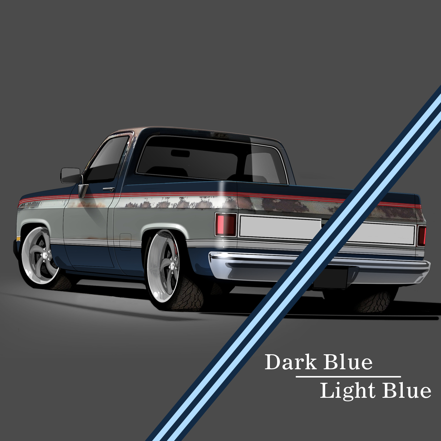 1981-1991 GM Full-Size Truck 2-Tone Paint Break Stripe Kit, Dark Blue/Light Blue