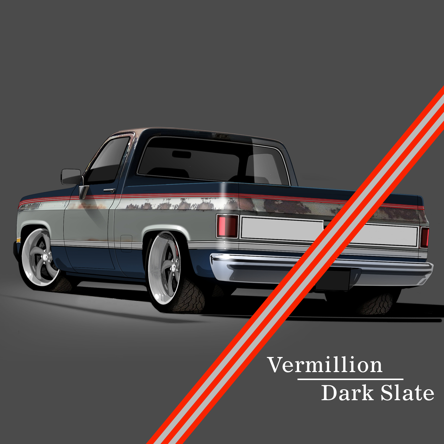 1981-91 GM Full-Size Truck 2-Tone Paint Break Stripe Kit, Vermillion/Light Slate