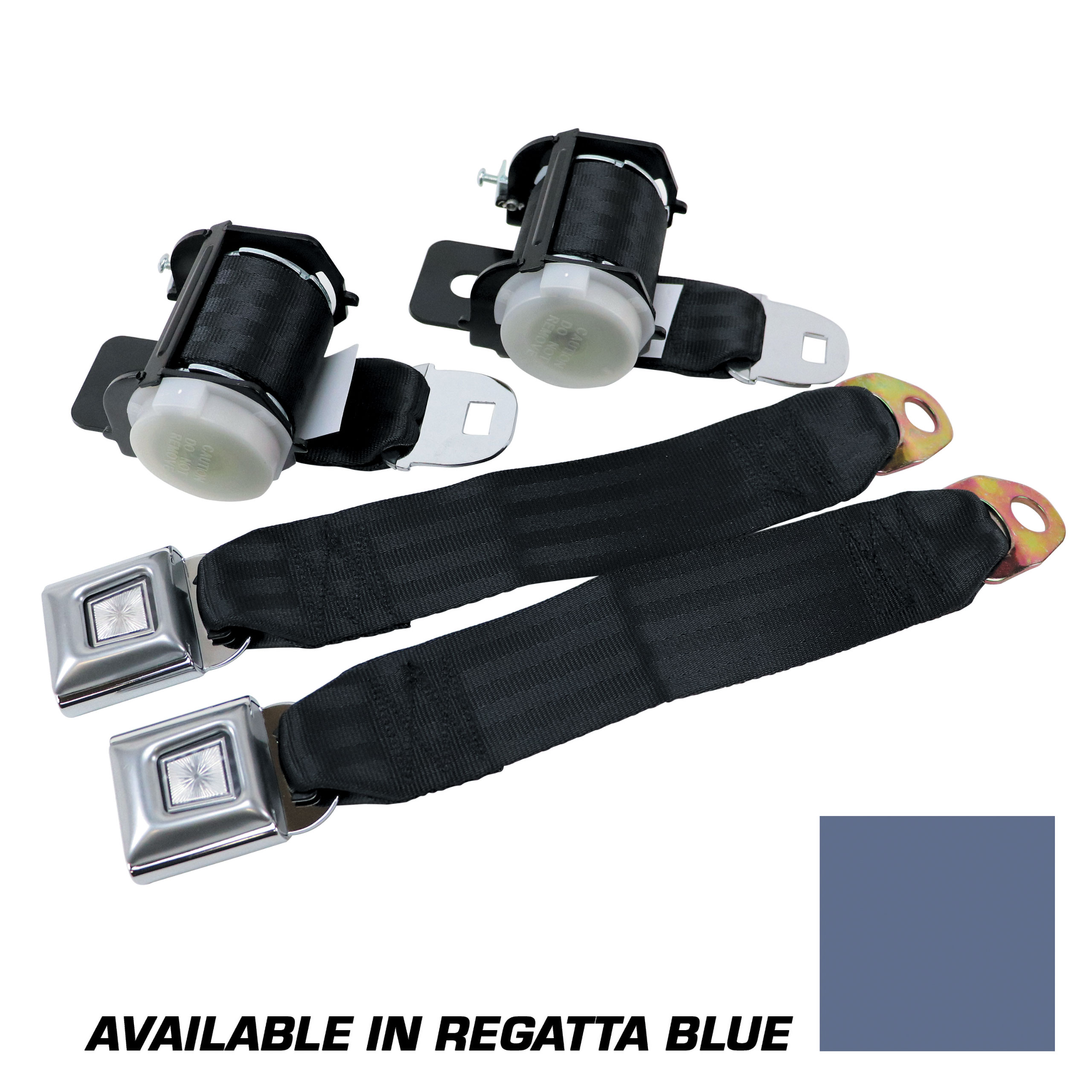 1979-1989 Ford Mustang Rear Lap Belts - Retractable. Starburst Push Button - Regatta Blu