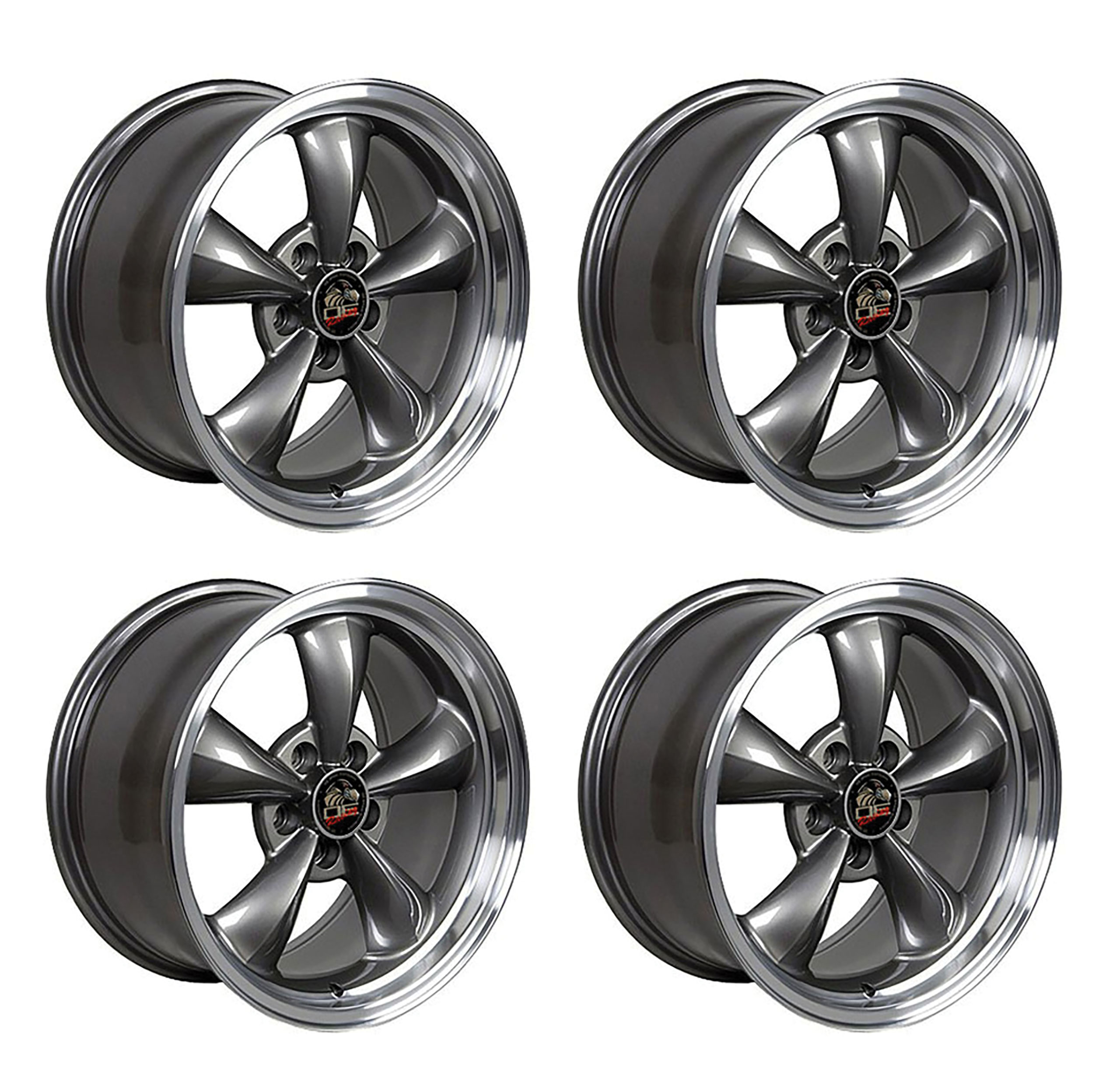 1979-2004 Ford Mustang Wheel Set, 17" Bullitt Style, 5 Lug, Anthracite Machined Lip, Small Staggered