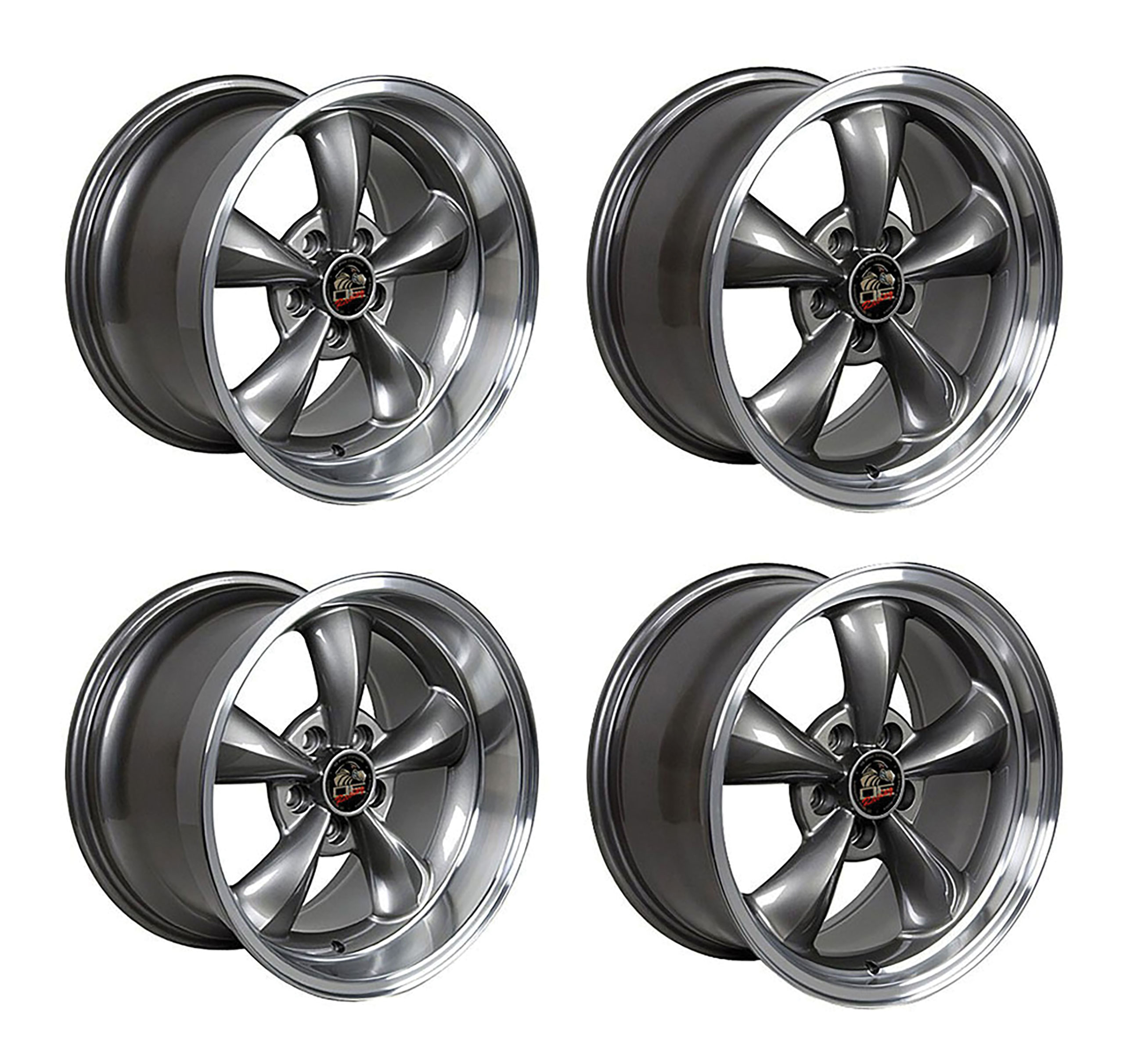 1979-2004 Ford Mustang Wheel Set, 17" Bullitt Style, 5 Lug, Anthracite Machined Lip, Big Staggered