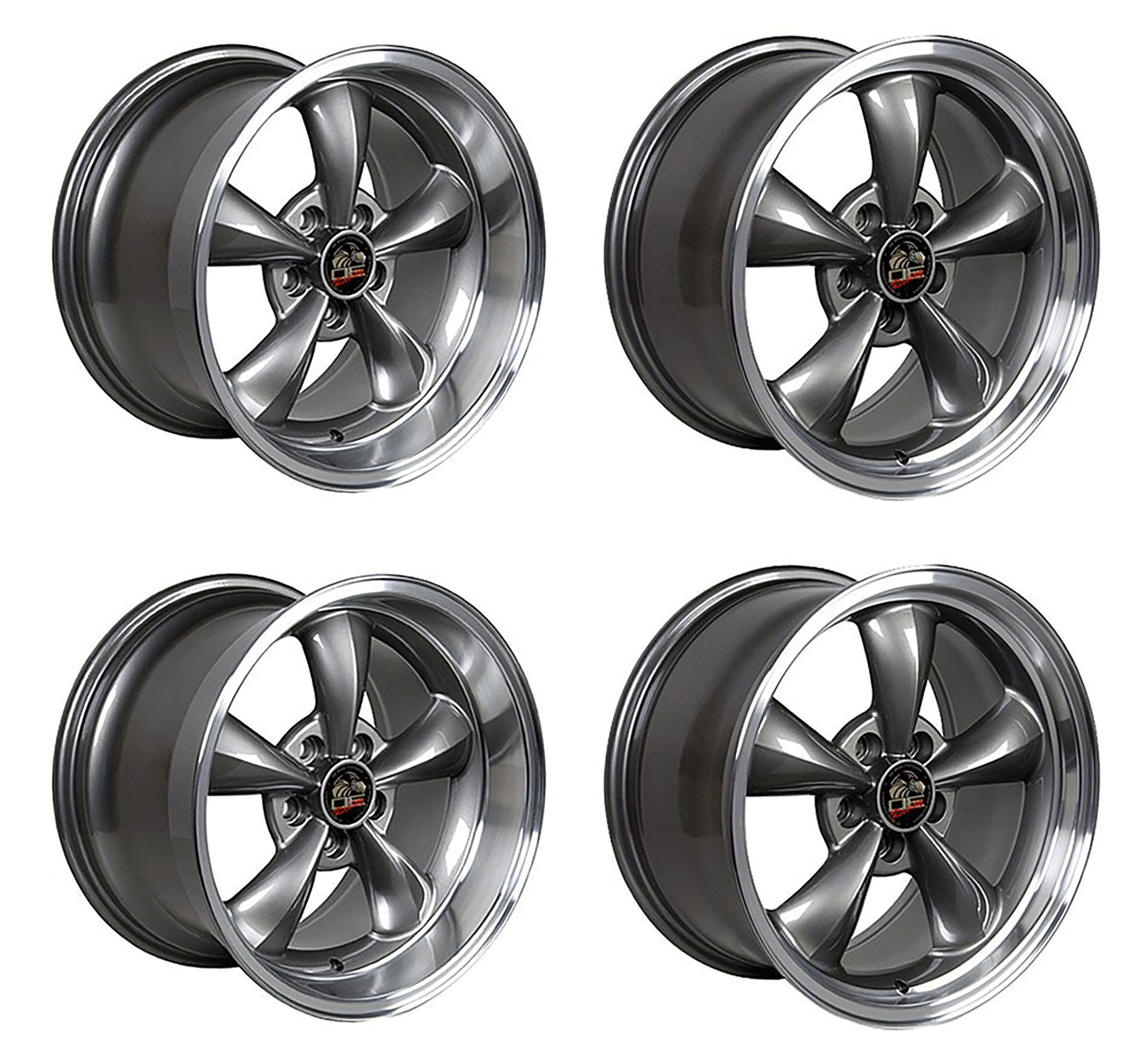 1979-2004 Ford Mustang Wheel Set, 18" Bullitt Style, 5 Lug, Anthracite Machined Lip, Staggered