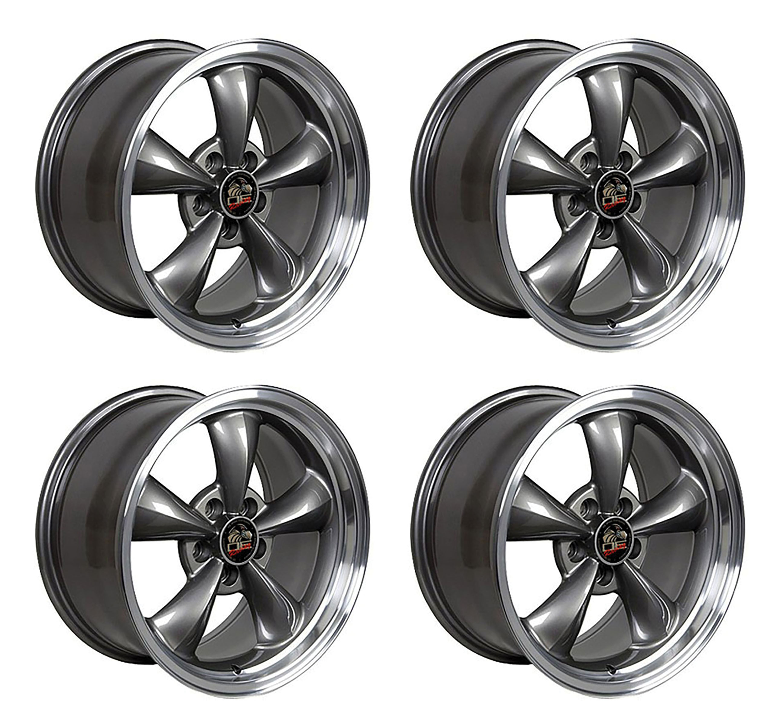 1979-2004 Ford Mustang Wheel Set, 18 Bullitt Style, 5 Lug, Anthracite Machined Lip 9"