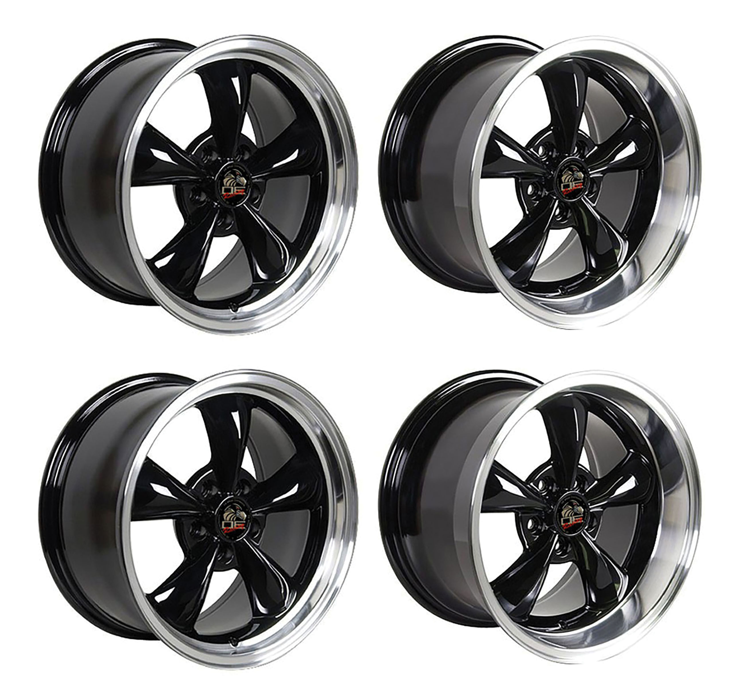 1979-2004 Ford Mustang Wheel Set, 17" Bullitt Style, 5 Lug, Gloss Black Machined Lip, Big Staggered