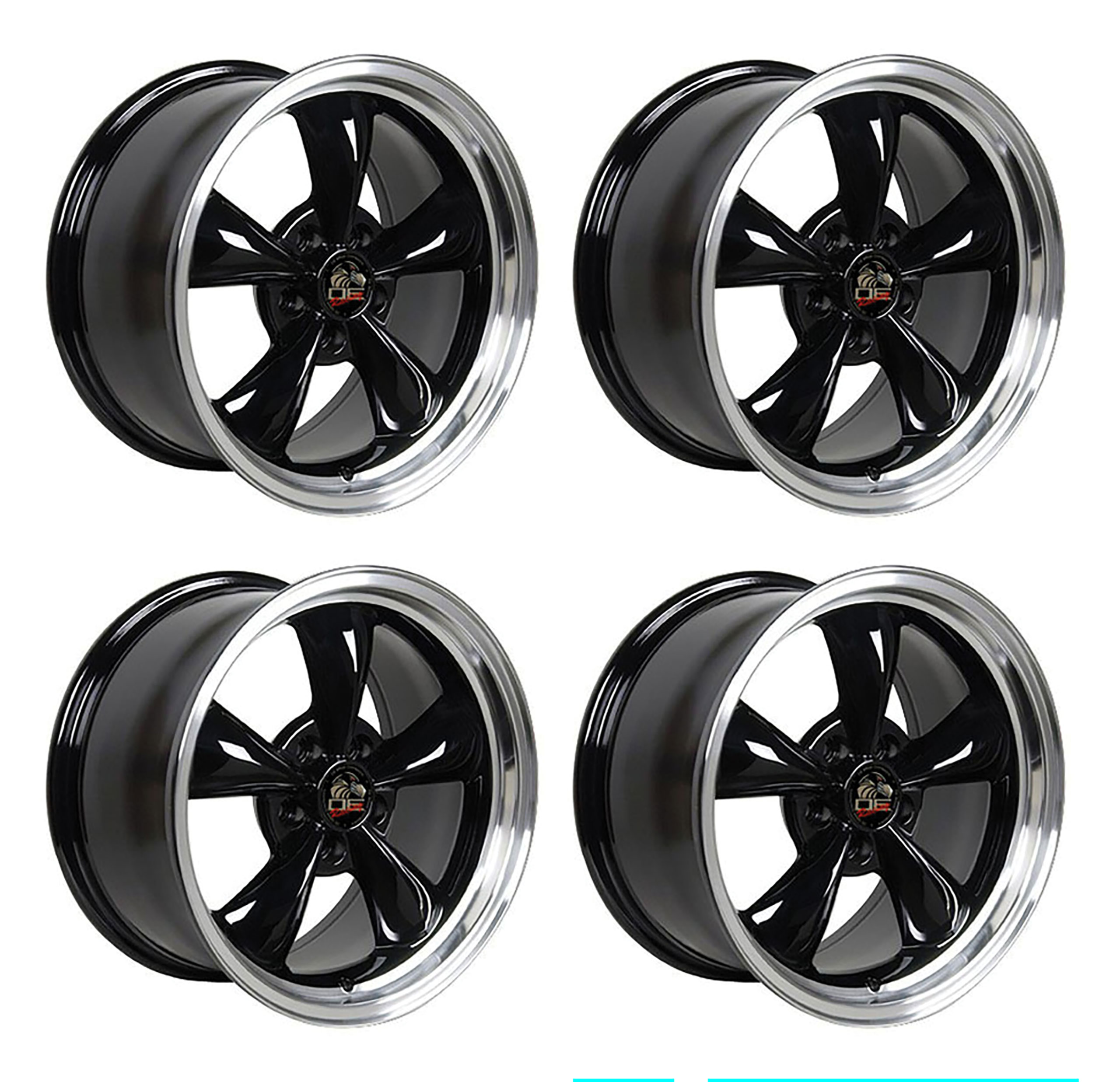 1979-2004 Ford Mustang Wheel Set, 17" Bullitt Style, 5 Lug, Gloss Black Machine Lip 8"