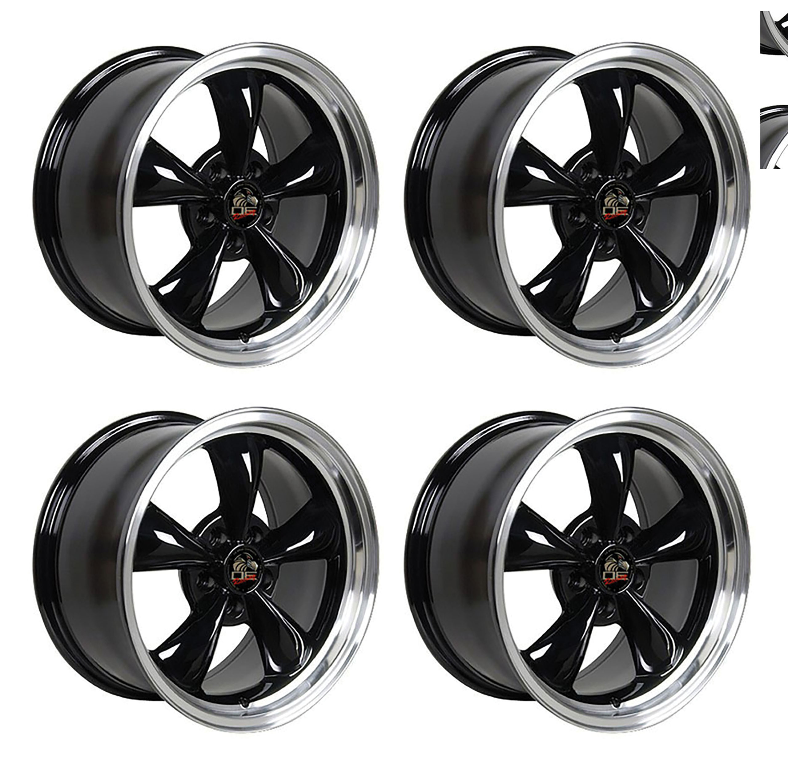 1979-2004 Ford Mustang Wheel Set, 17" Bullitt Style, 5 Lug, Gloss Black Machine Lip 9"