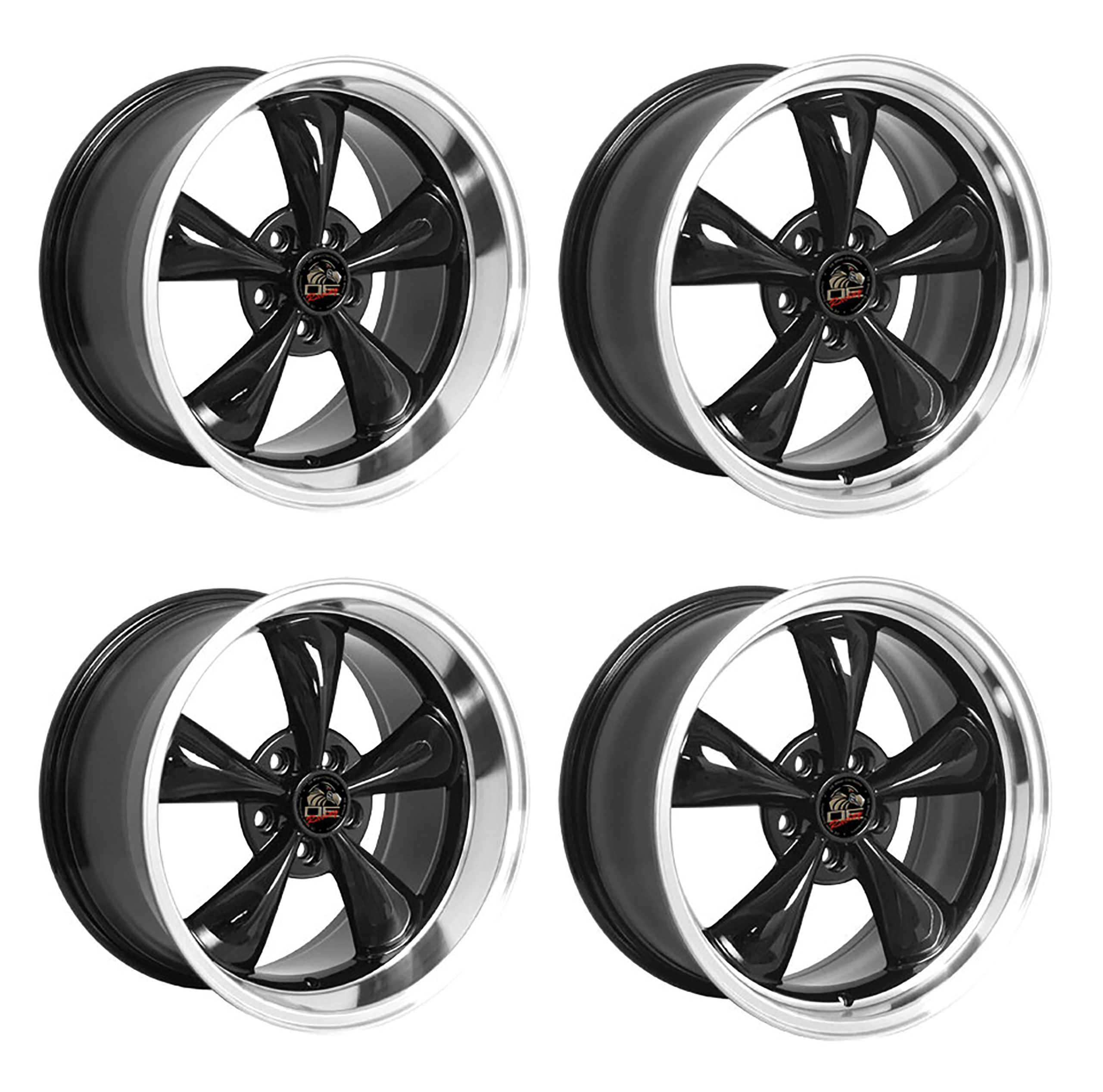 1979-2004 Ford Mustang Wheel Set, 18" Bullitt Style, 5 Lug, Gloss Black Machine Lip Staggered