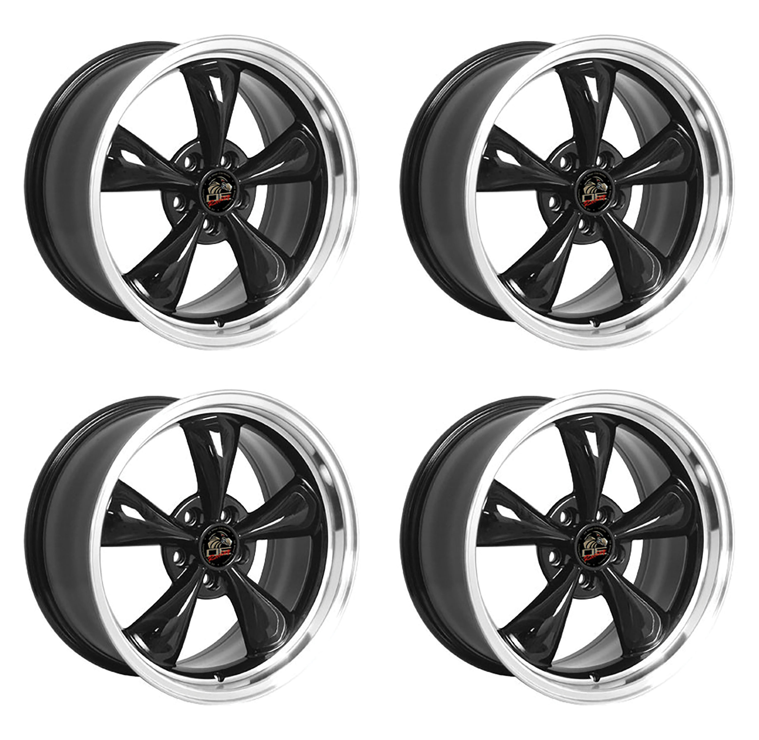 1979-2004 Ford Mustang Wheel Set, 18" Bullitt Style, 5 Lug, Gloss Black Machine Lip 9"