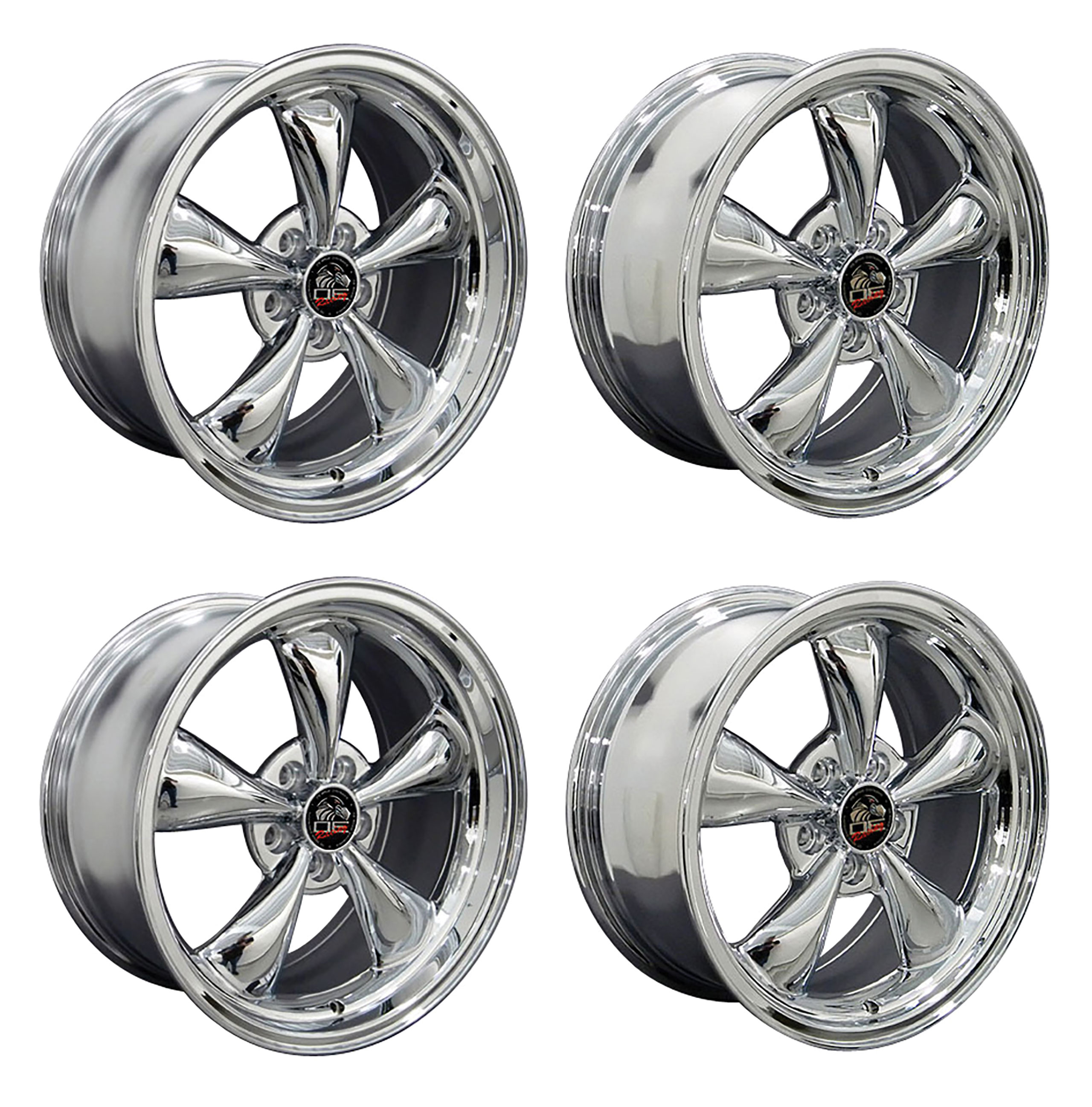 1979-2004 Ford Mustang Wheel Set, 17" Bullitt Style, 5 Lug, Chrome Small Staggered