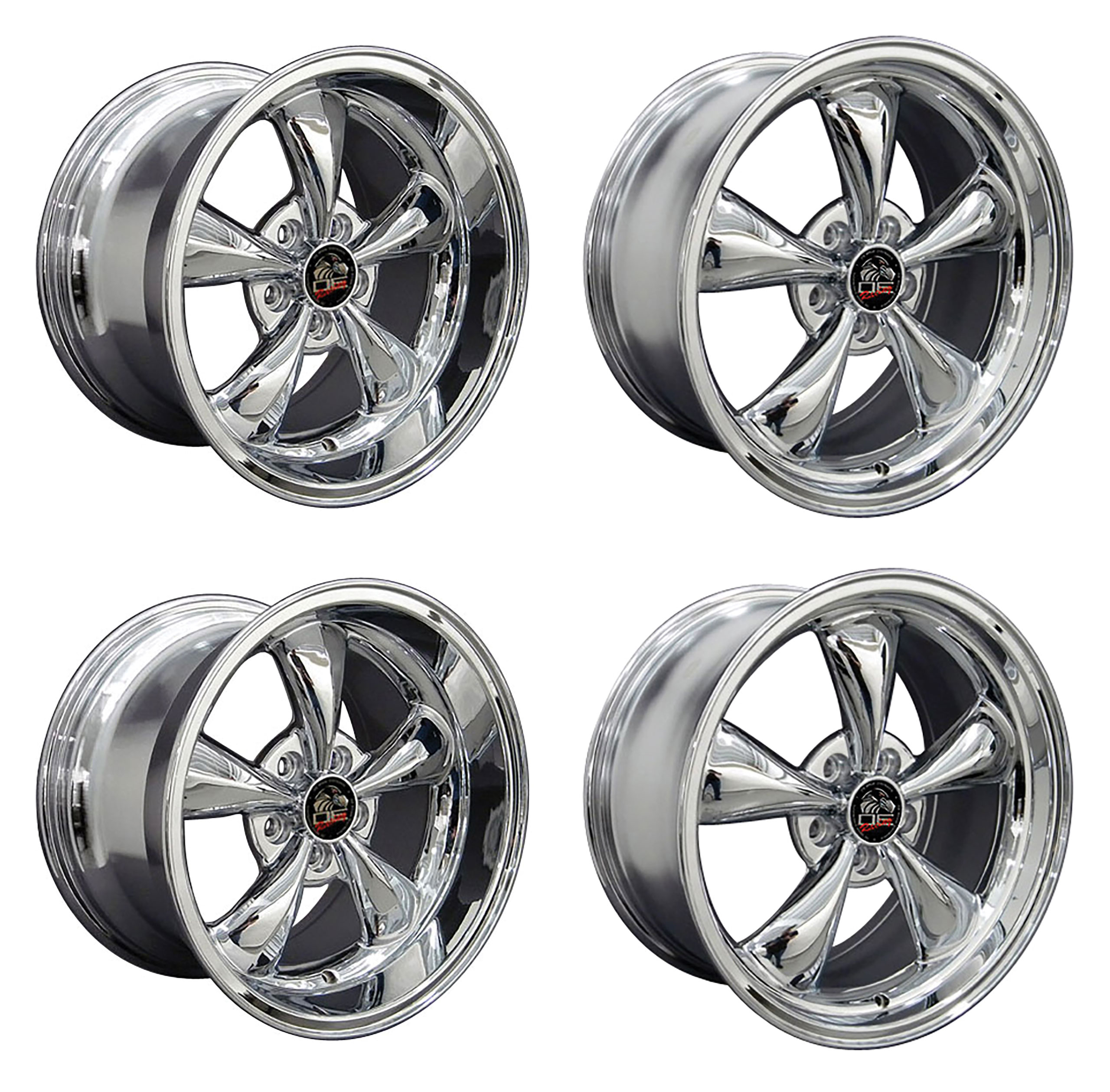 1979-2004 Ford Mustang Wheel Set, 17" Bullitt Style, 5 Lug, Chrome Big Staggered