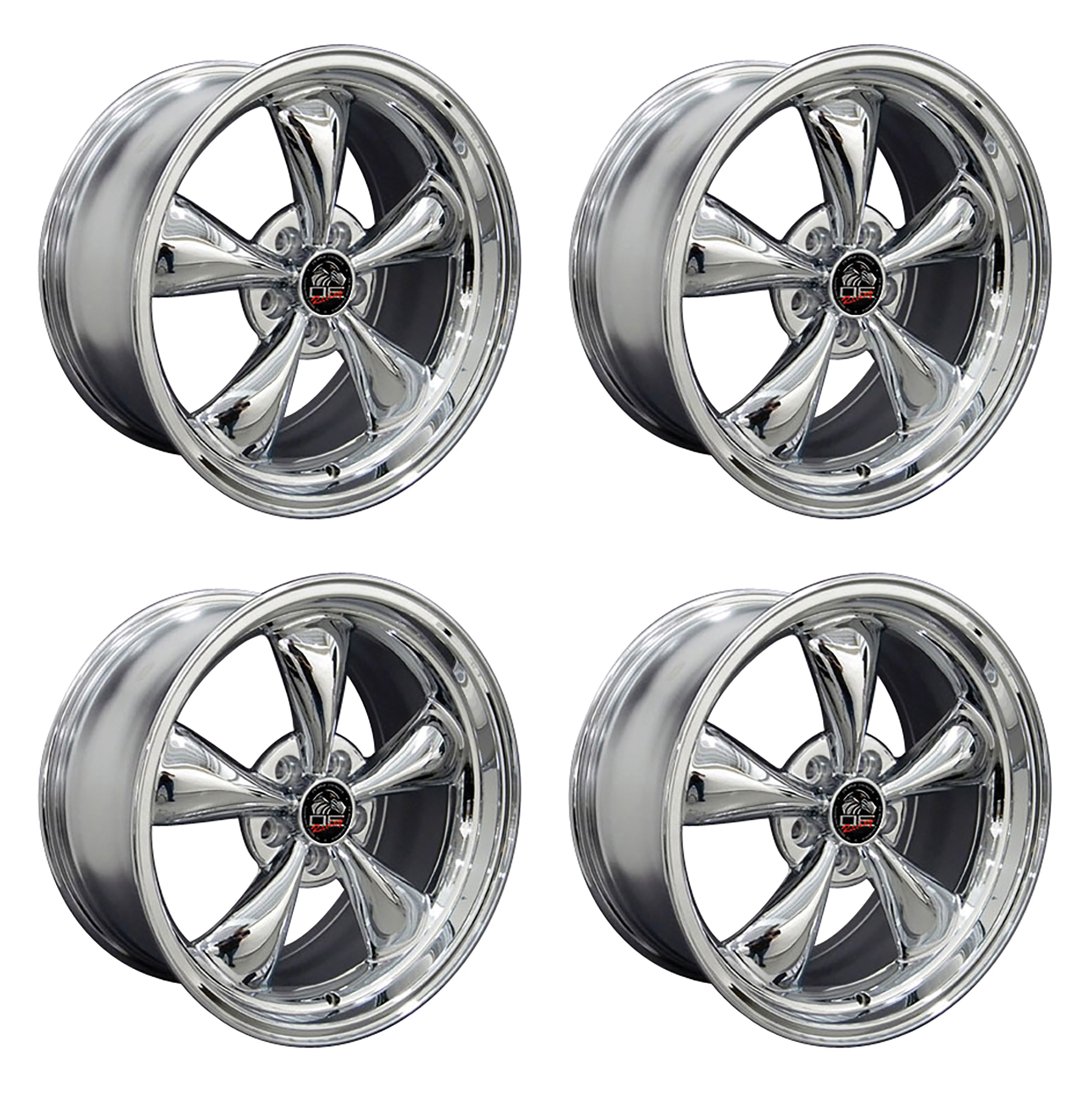 1979-2004 Ford Mustang Wheel Set, 17" Bullitt Style, 5 Lug, Chrome 9"