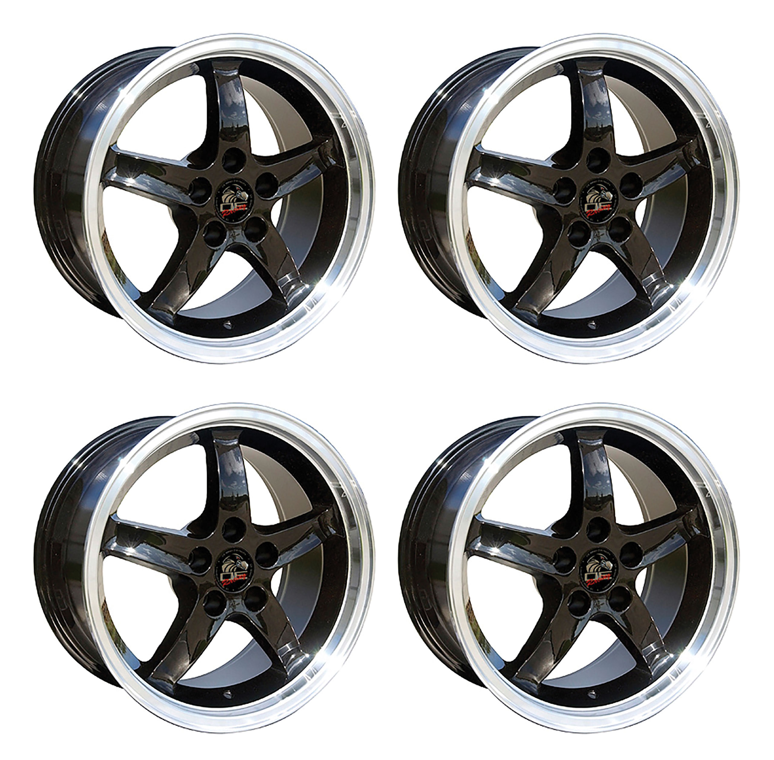 1979-2004 Ford Mustang Wheel Set, 17" 1995 Cobra R Style, 5 Lug, Gloss Black Machine Lip 9"