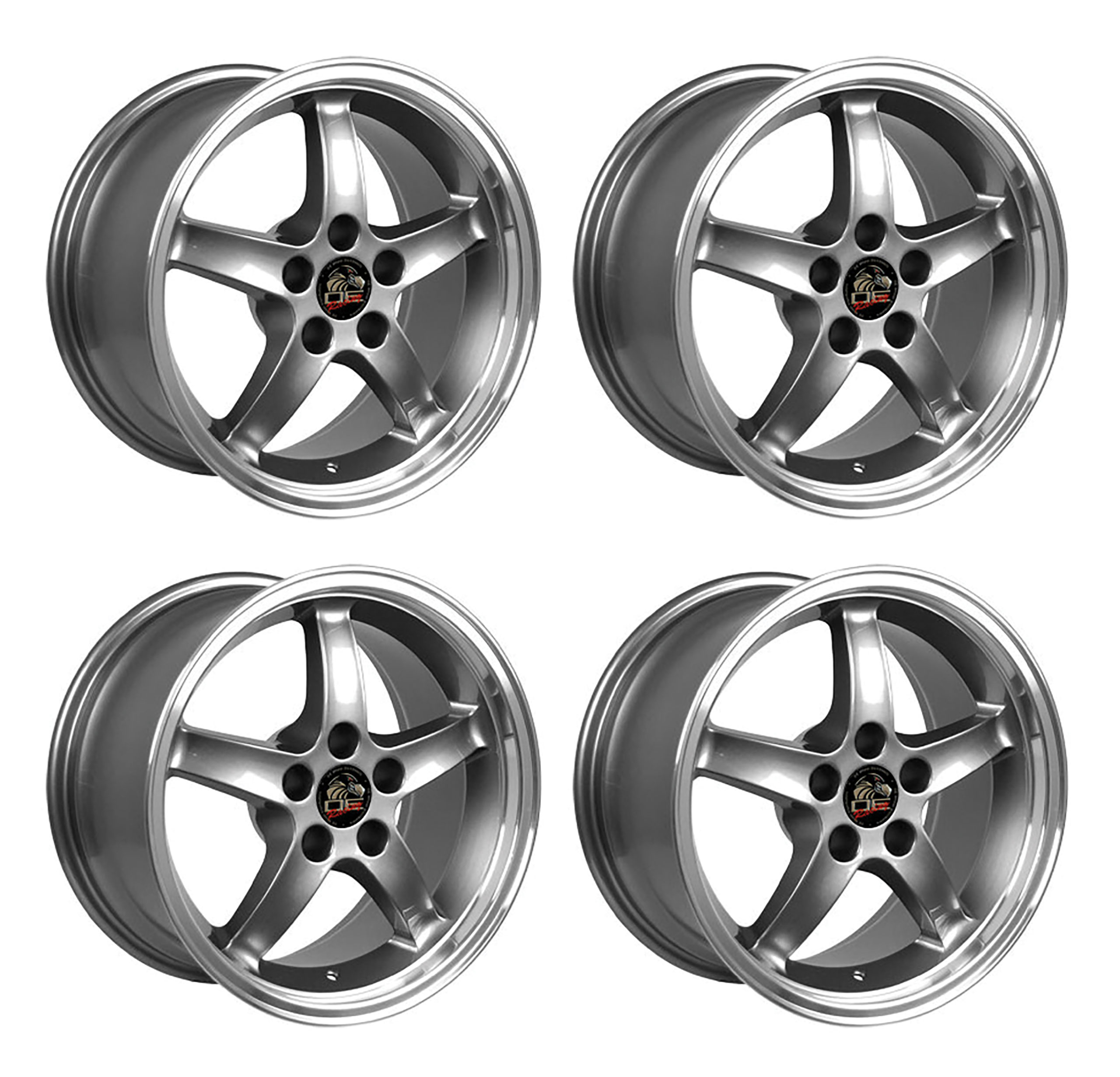 1979-2004 Ford Mustang Wheel Set, 17" 1995 Cobra R Style, 5 Lug, Gunmetal Machined Lip 9"