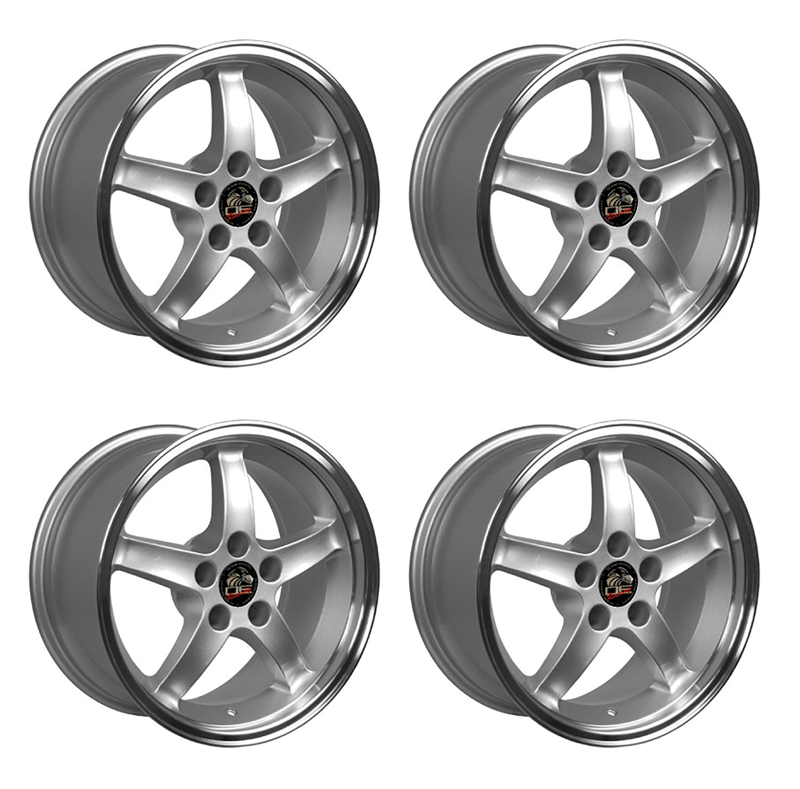 1979-2004 Ford Mustang Wheel Set, 17" 1995 Cobra R Style, 5 Lug, Silver Machined Lip, 9"