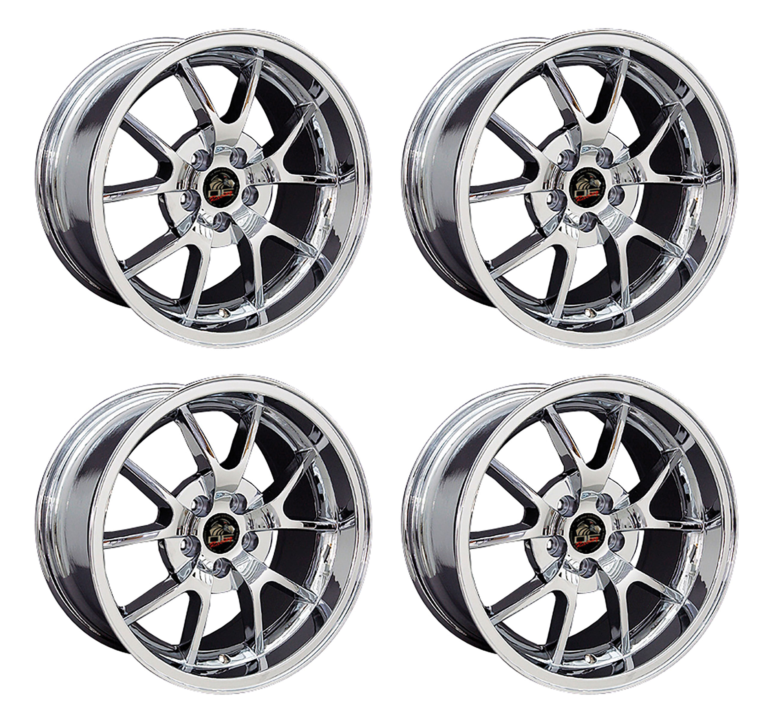 1979-2004 Ford Mustang Wheel Set, 18" FR500 Style Wheels, 5 Lug, Chrome Staggered