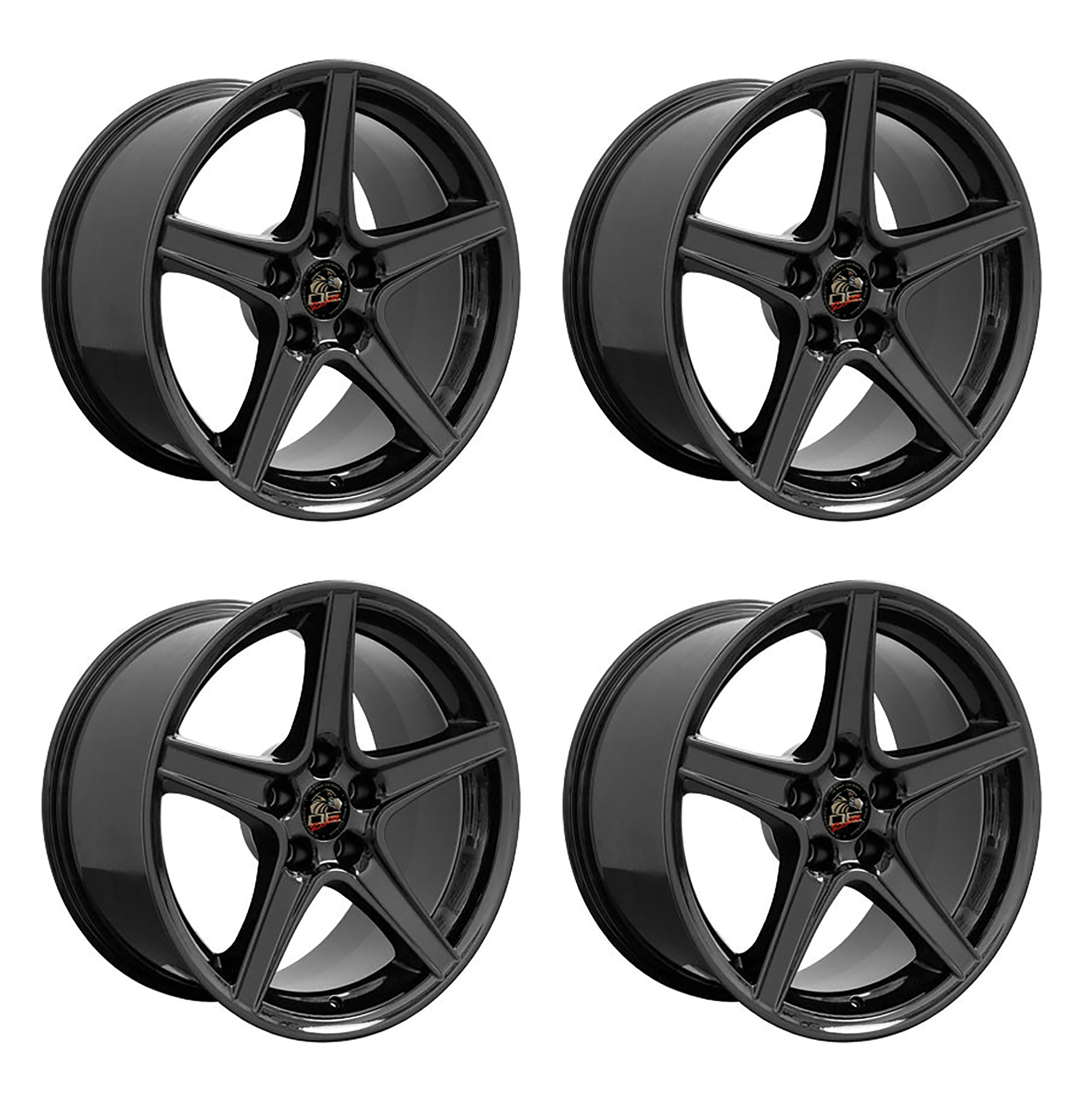 1979-2004 Ford Mustang Wheel Set, 18" Saleen Style, 5 Lug, Gloss Black Staggered