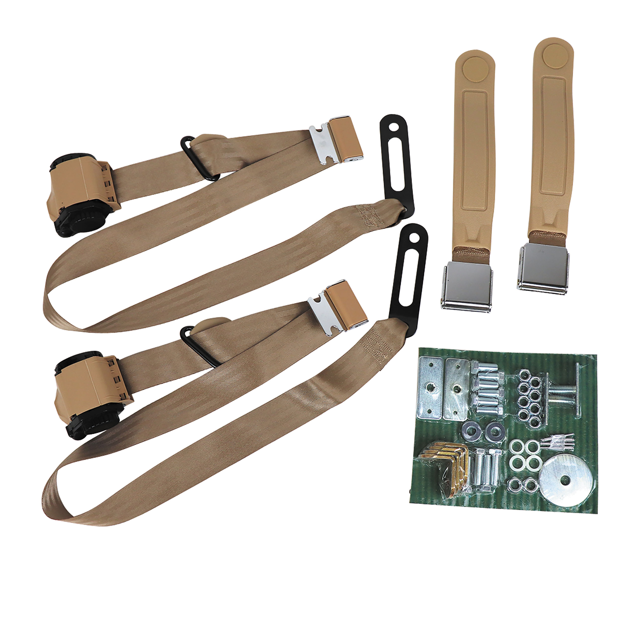 1965-1973 Ford Mustang 3 Point Seat Belt Conversion Kit W/Chrome Lift Latch Buckle - Beige