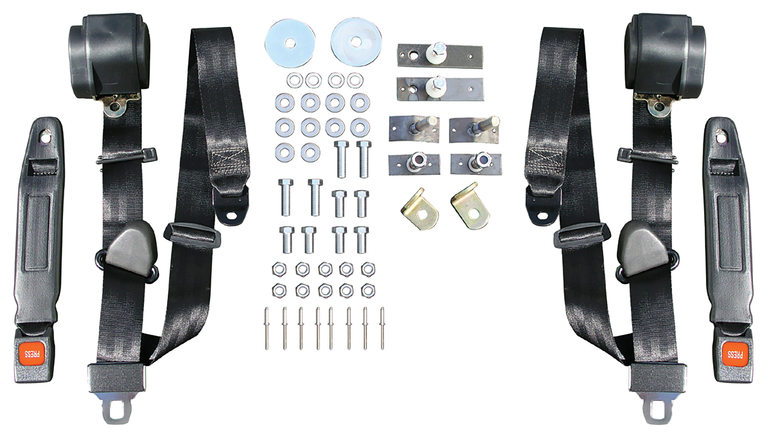 1965-1968 Ford Mustang 3 Point Seat Belt Conversion Kit W/Chrome Push Button Buckle - Black