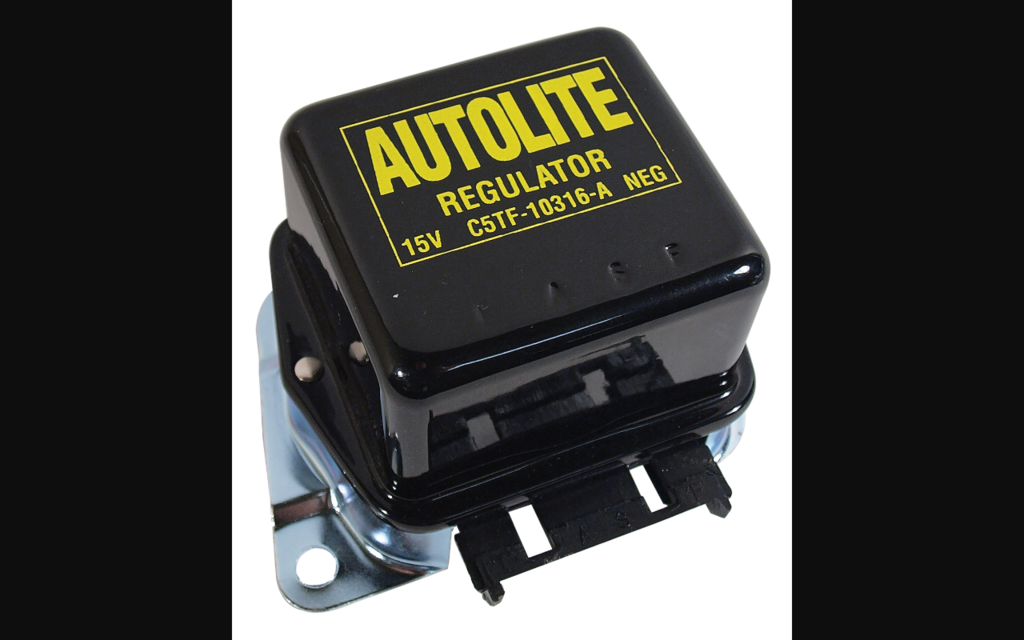 1965-1967 Ford Mustang Voltage Regulator - W/AC Or Pwr Top; Yellow On Black Autolite Logo