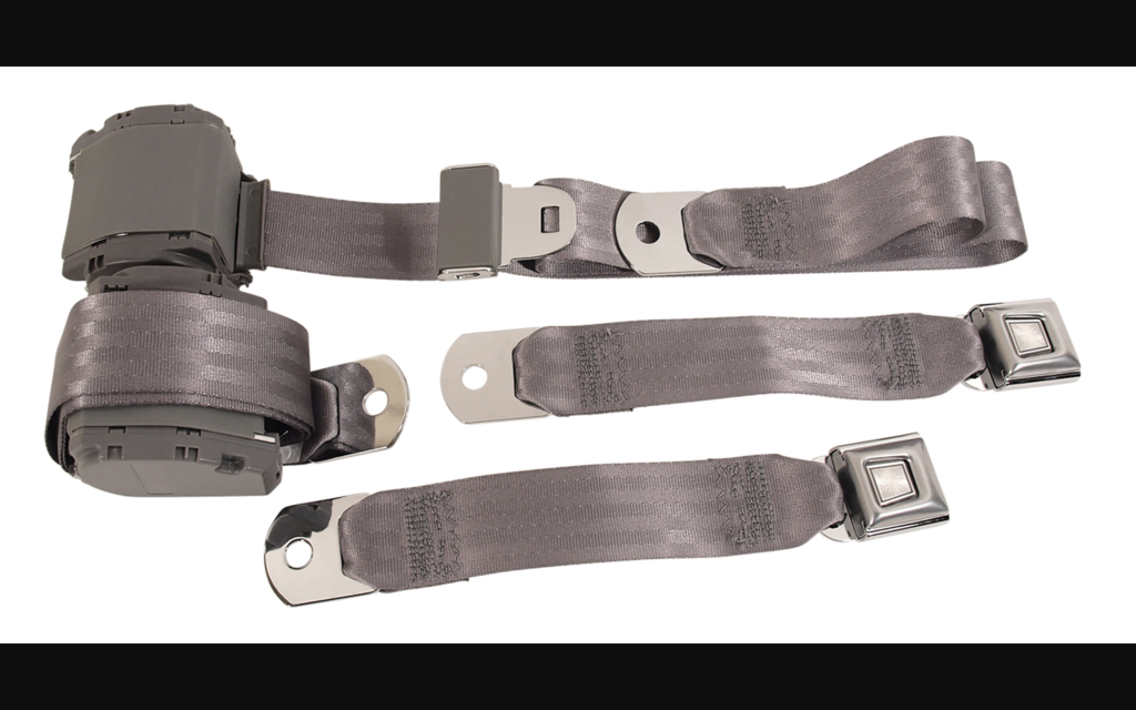 1964-1973 Ford Mustang Seat Belts. Rear Chrome Push Button - Gray