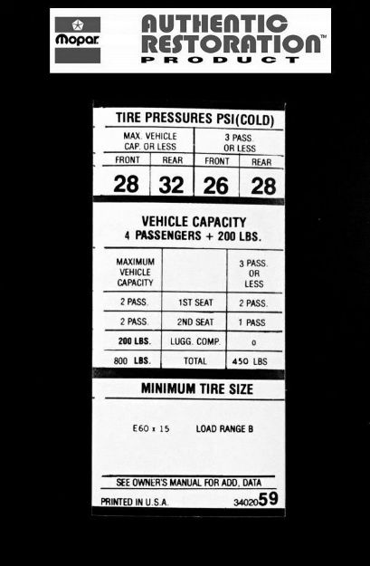 Picture of 1970 1971 Dodge Challenger E60x15 Tire Pressure Decal