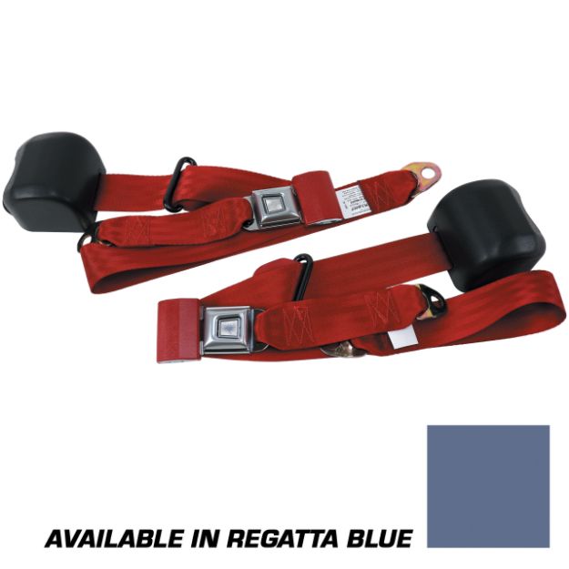 Picture of 1979-1989 Ford Mustang Front Fox Body Seat Belts. Starburst Push Button - Regatta Blue