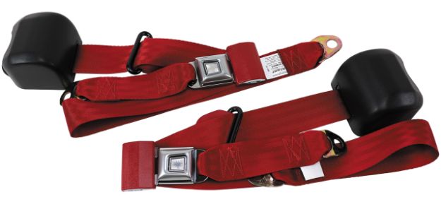 Picture of 1979-1989 Ford Mustang Front Fox Body Seat Belts. Starburst Push Button - Scarlett