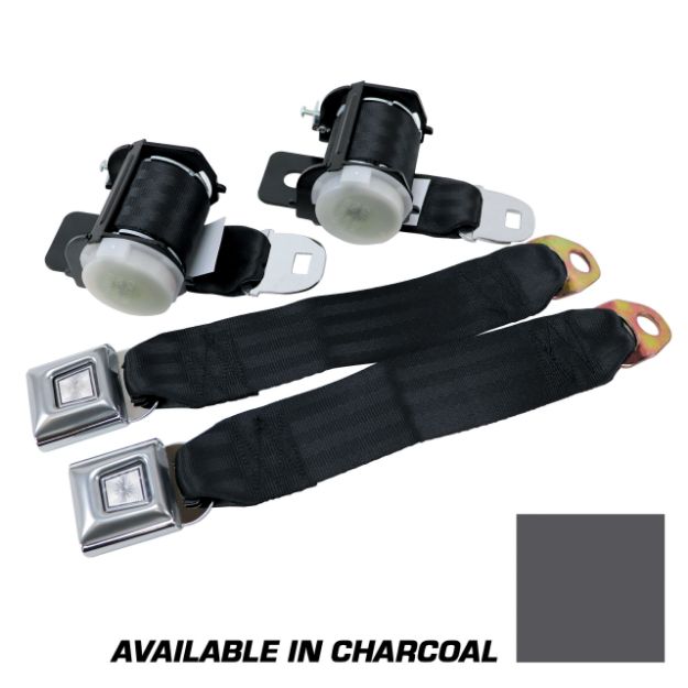Picture of 1979-1989 Ford Mustang Rear Lap Belts - Retractable. Starburst Push Button - Charcoal