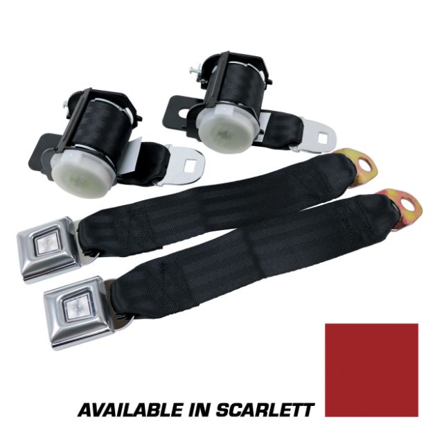 Picture of 1979-1993 Ford Mustang Rear Lap Belts - Retractable. Starburst Push Button - Scarlett