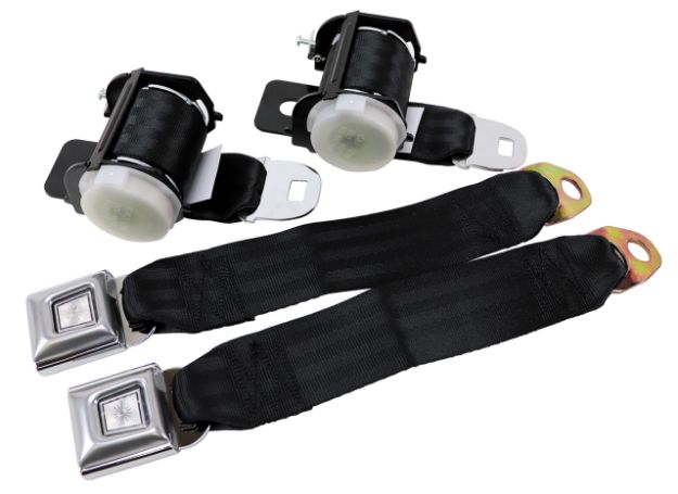 Picture of 1979-1993 Ford Mustang Rear Lap Belts - Retractable. Starburst Push Button - Black