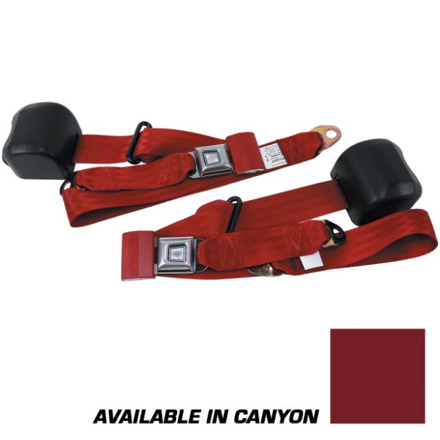 Picture of 1979-1989 Ford Mustang Front Fox Body Seat Belts. Starburst Push Button - Canyon