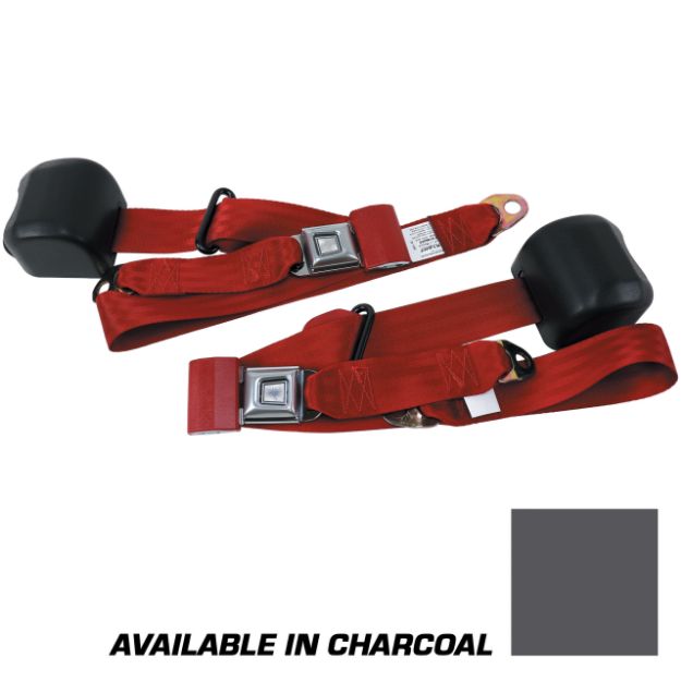 Picture of 1979-1989 Ford Mustang Front Fox Body Seat Belts. Starburst Push Button - Charcoal