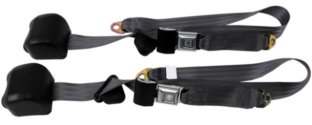 Picture of 1979-1989 Ford Mustang Front Fox Body Seat Belts. Starburst Push Button - Smoke