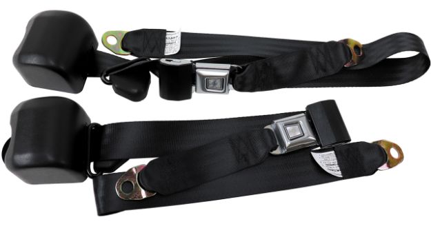 Picture of 1979-1989 Ford Mustang Front Fox Body Seat Belts. Starburst Push Button - Black