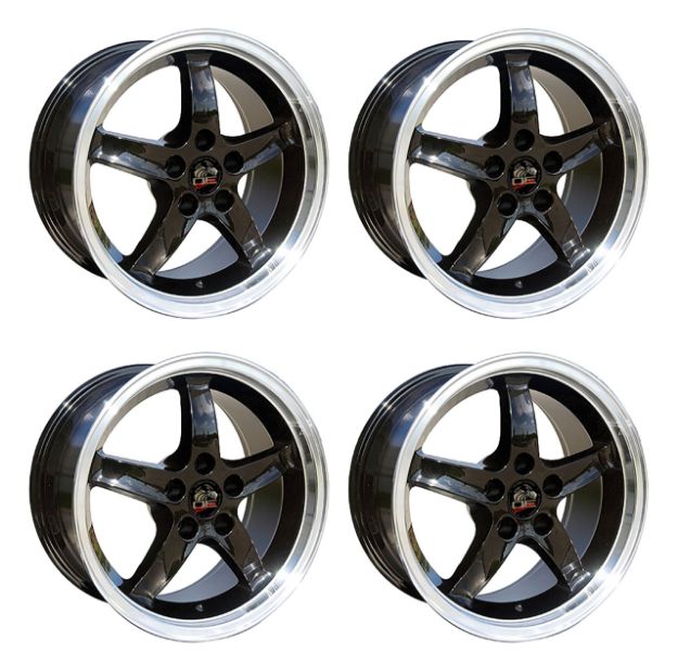 Picture of 1979-2004 Ford Mustang Wheel Set, 17" 1995 Cobra R Style, 5 Lug, Gloss Black Machine Lip 9"