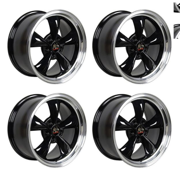 Picture of 1979-2004 Ford Mustang Wheel Set, 17" Bullitt Style, 5 Lug, Gloss Black Machine Lip 9"