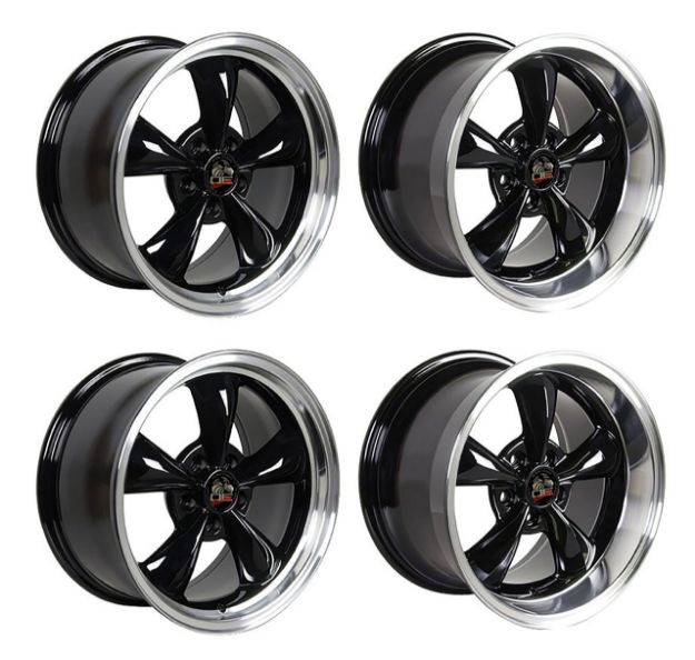 Picture of 1979-2004 Ford Mustang Wheel Set, 17" Bullitt Style, 5 Lug, Gloss Black Machined Lip, Big Staggered