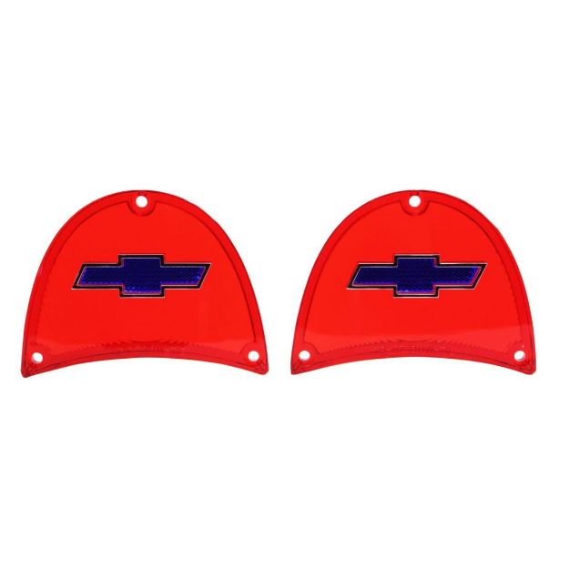 Picture of 1957 Full-Size Chevrolet Red Tail Light Lens with Blue Bowtie Chrome Trim Pair