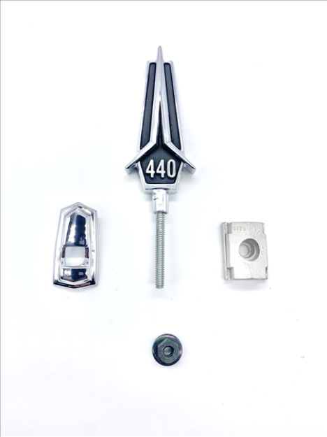Picture of 1967 Plymouth GTX 440 Hood Ornament Assembly - Black Finish, High-Quality Restoration Badge
