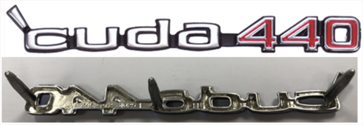 1970-1971 Plymouth Cuda Rallye Dual Scoop or Shaker Hood 'Cuda 440 Emblem - 3-Pin Mount (3462272), Includes Retainers